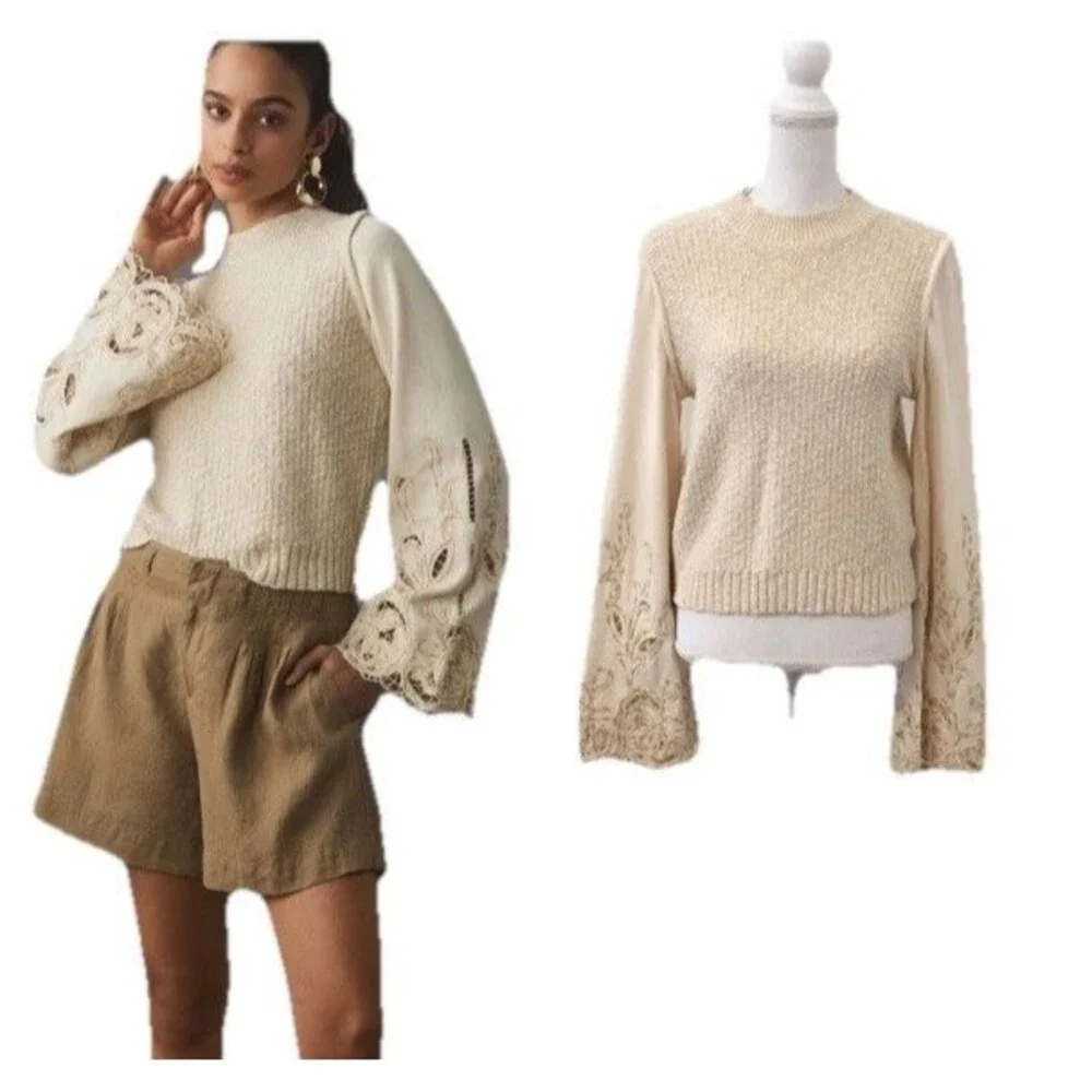 Anthropologie Textured Eyelet Twofer Sweater Vest Top Embroidered Beige Sz XL - Picture 4 of 11